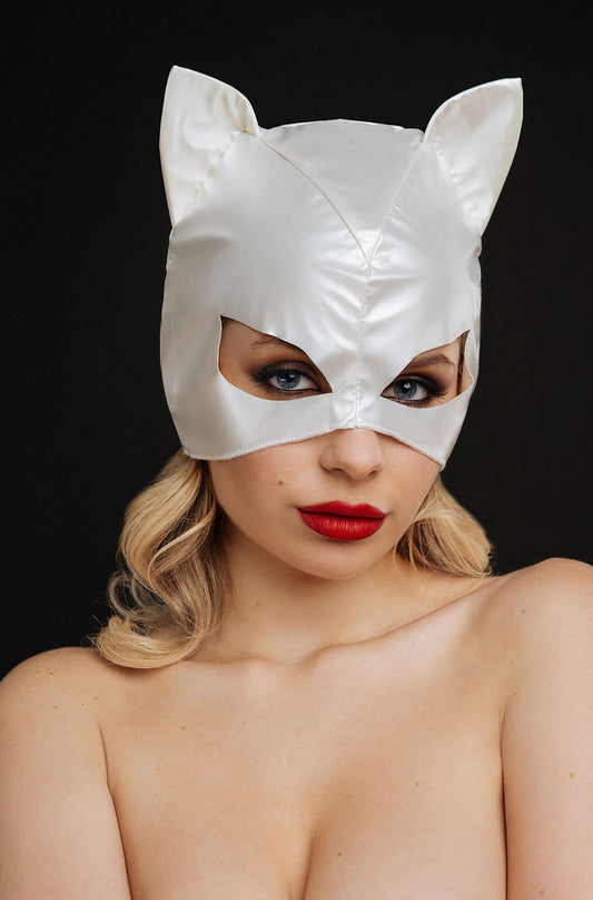 Máscara de gatito sexy BDSM, máscara de ojos de cuero blanco, máscara de disfraz de gato