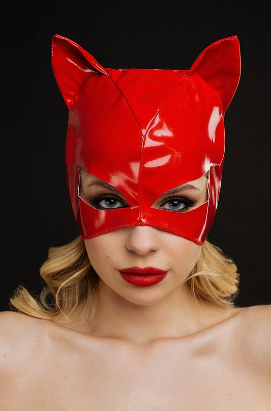 Máscara de gato sexy BDSM, máscara de ojos de cuero rojo, máscara de disfraz de gato